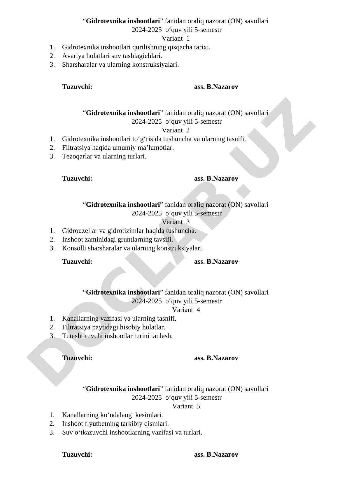Gidrotexnika inshootlari fanidan oraliq nazorat savollari