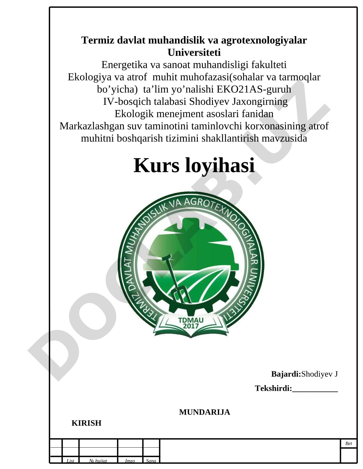 Markazlashgan suv taminotini taminlovchi korxonasining atrof muhitni boshqarish tizimini shakllantirish