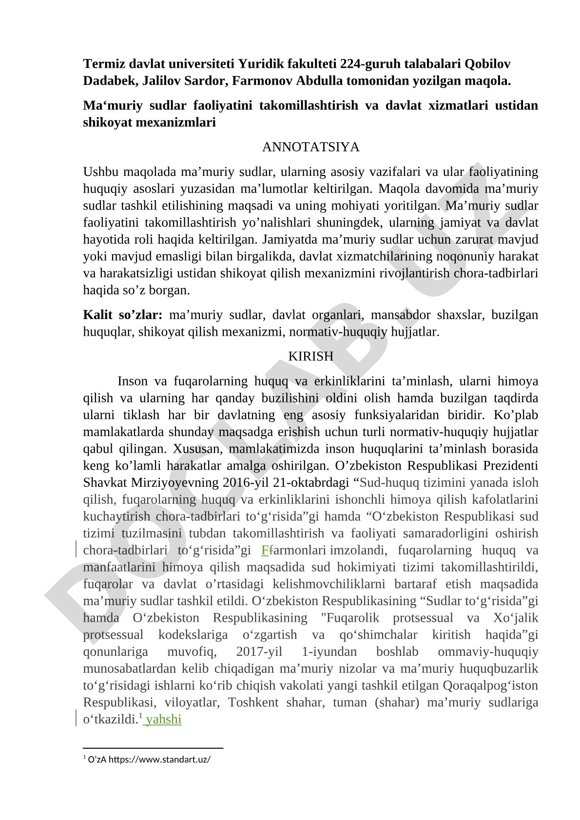 Ma'muriy sudlar faoliyatini takomillashtirish va davlat xizmatlari ustidan shikoyat mexanizmlari