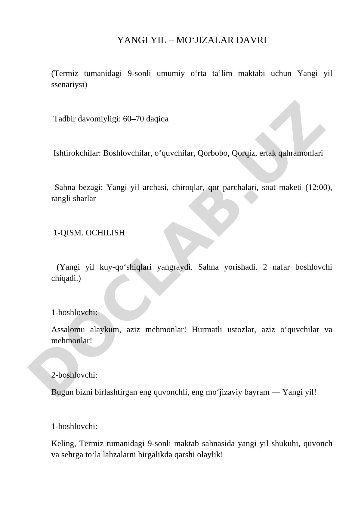 Yangi yil – mo'jizalar davri (Termiz tumanidagi 9-sonli umumiy o'rta ta'lim maktabi uchun Yangi yil ssenariysi)