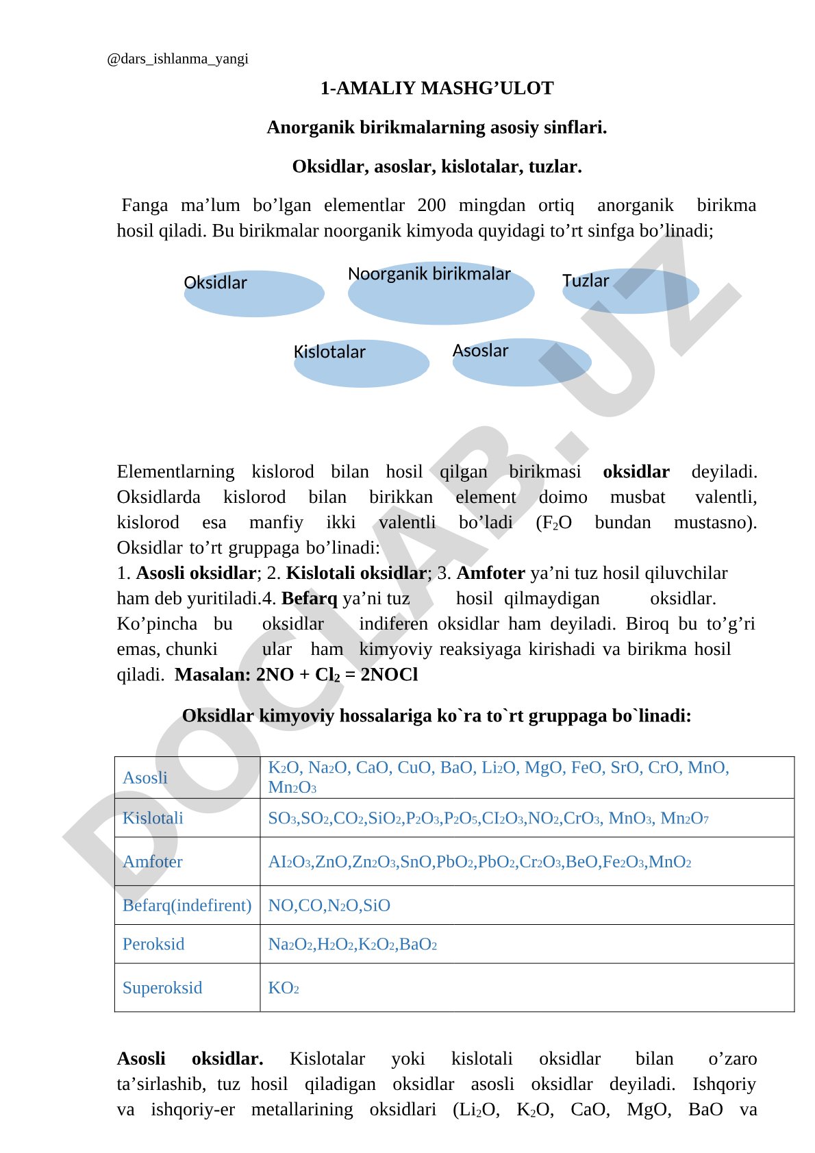 Anorganik birikmalarning asosiy sinflari: oksidlar, asoslar, kislotalar, tuzlar