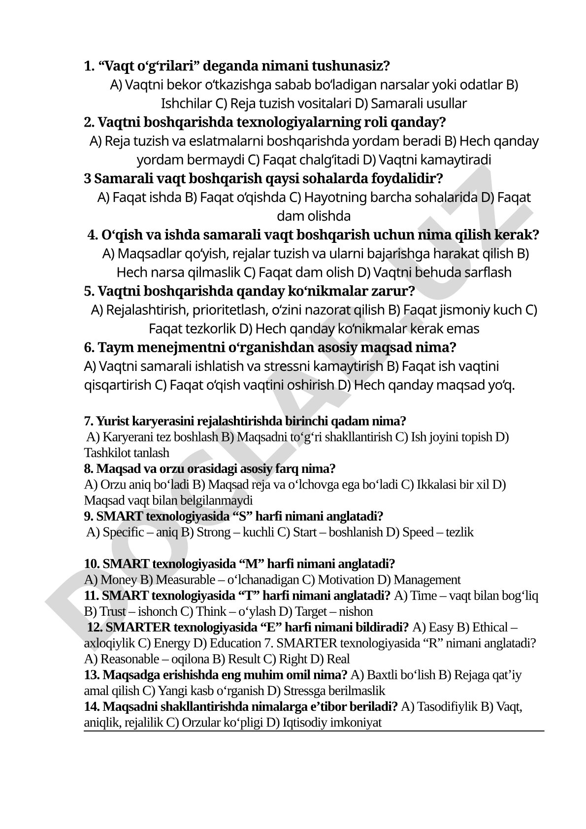 Vaqtni boshqarish va karyerani rejalashtirish bo'yicha test savollari