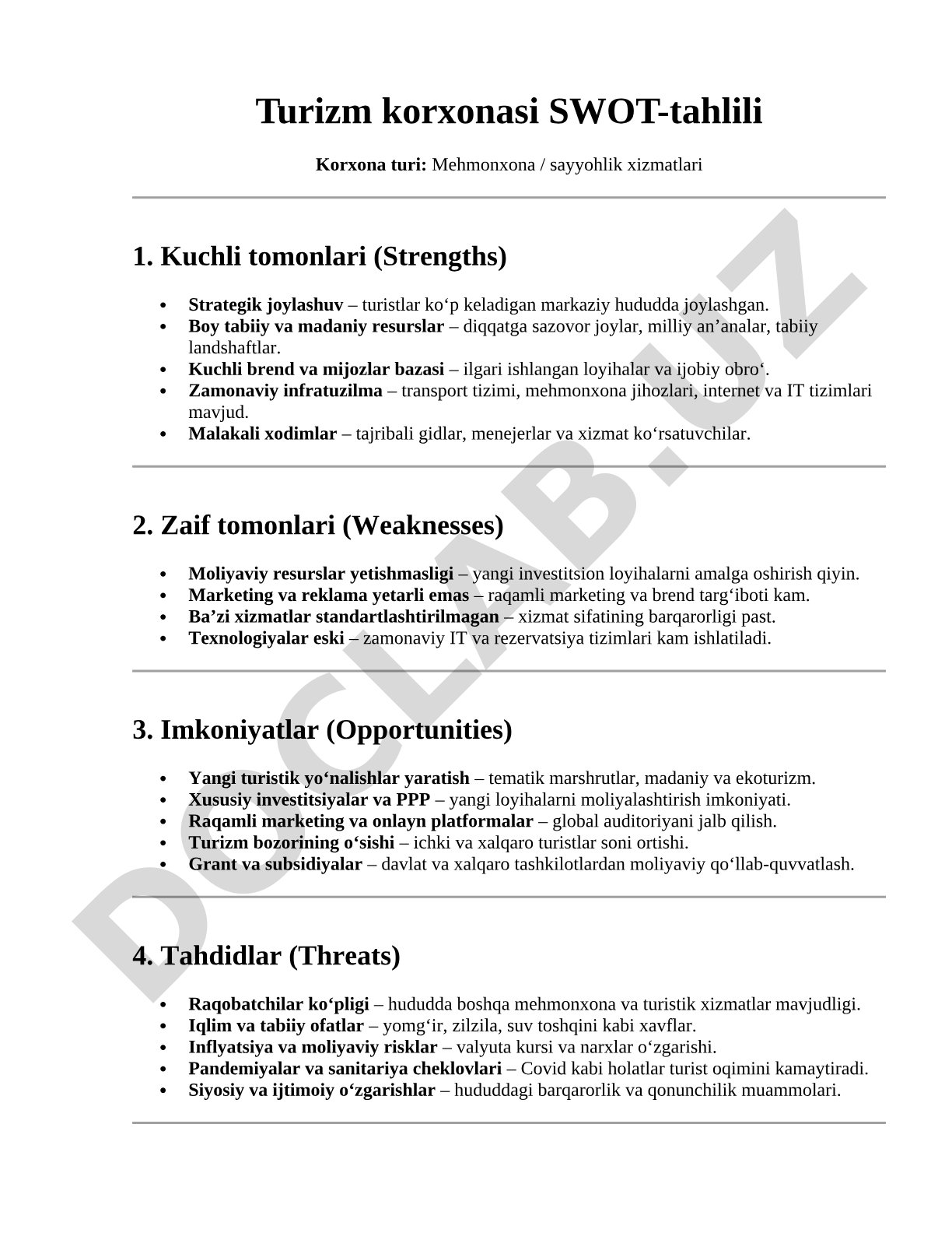 Turizm korxonasi SWOT-tahlili