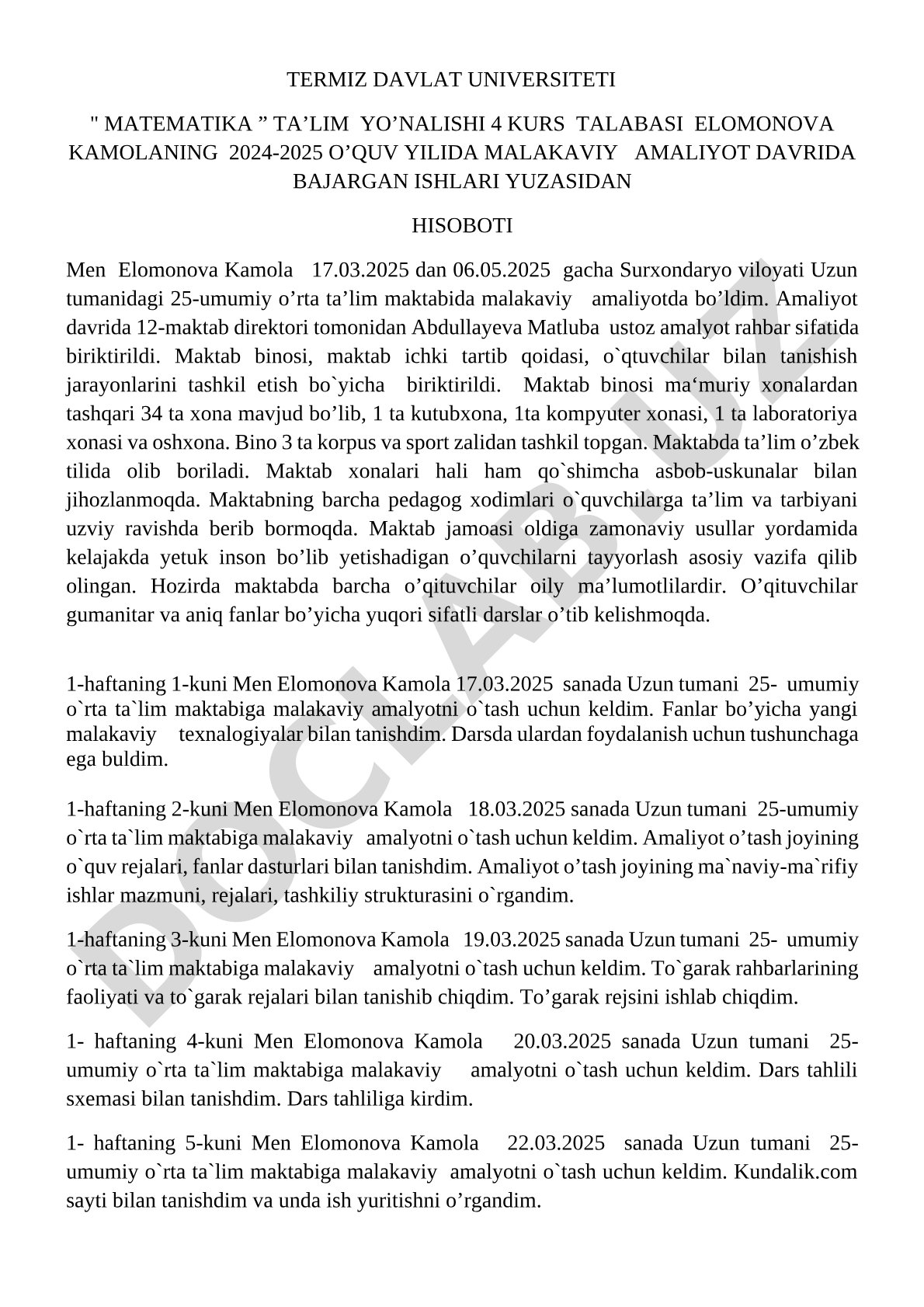 Malakaviy amaliyot hisoboti