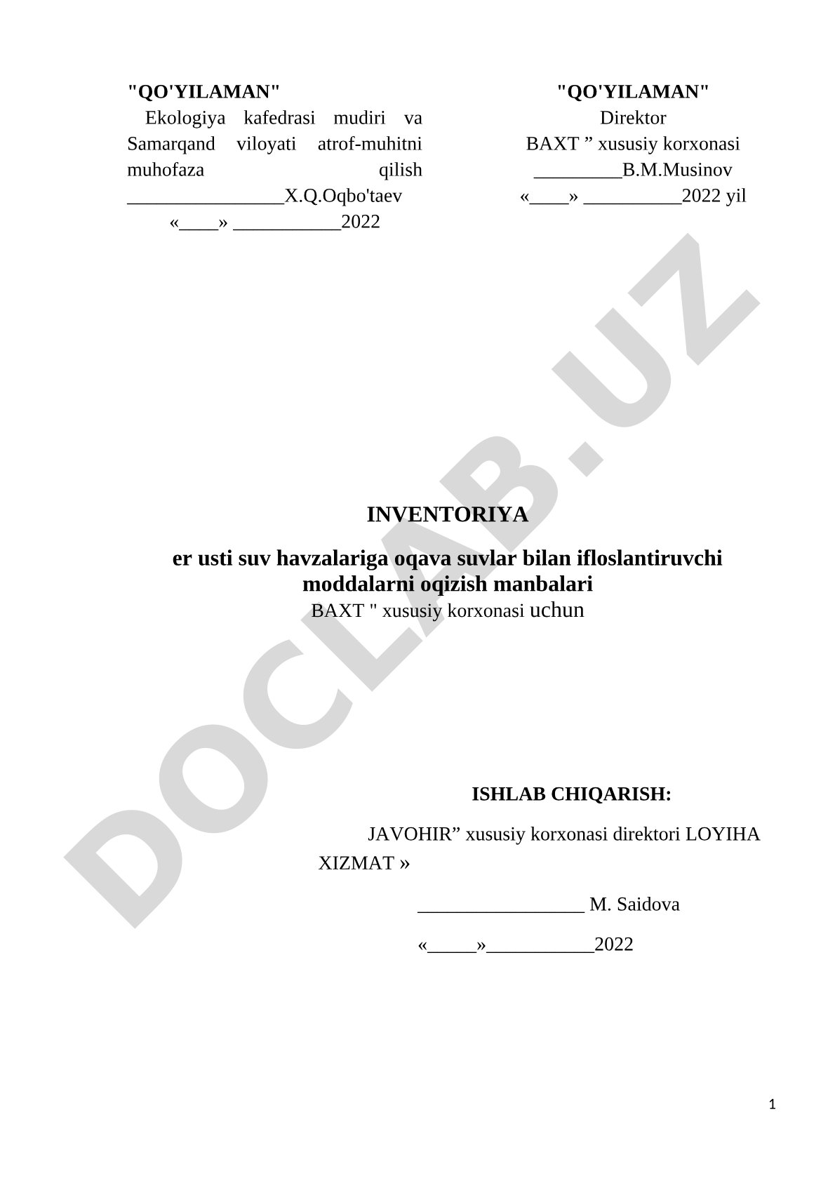 Er usti suv havzalariga oqava suvlar bilan ifloslantiruvchi moddalarni oqizish manbalari inventoriyasi