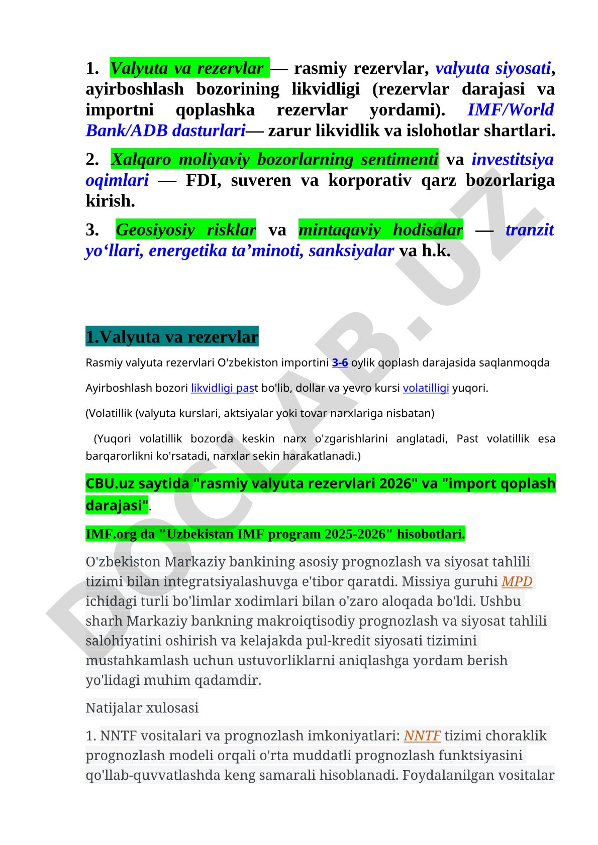 Valyuta va rezervlar, xalqaro moliyaviy bozorlar, geosiyosiy risklar