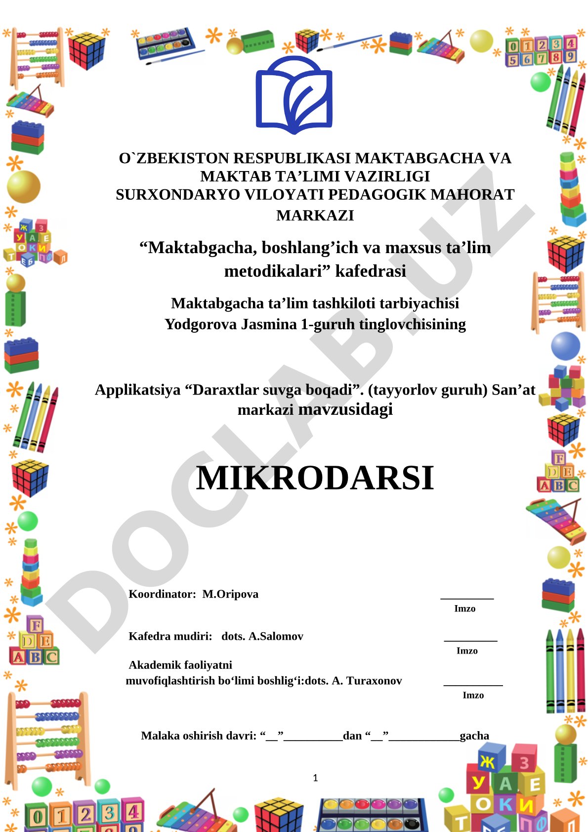 Applikatsiya “Daraxtlar suvga boqadi” (tayyorlov guruh) San'at markazi