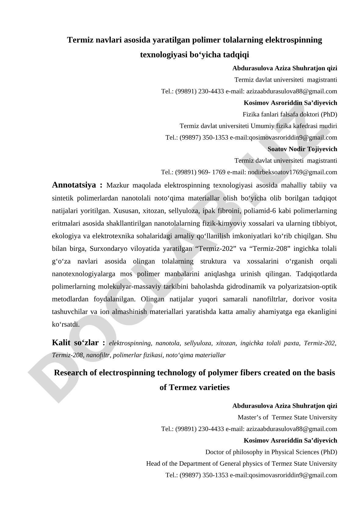 Termiz navlari asosida yaratilgan polimer tolalarning elektrospinning texnologiyasi bo'yicha tadqiqi
