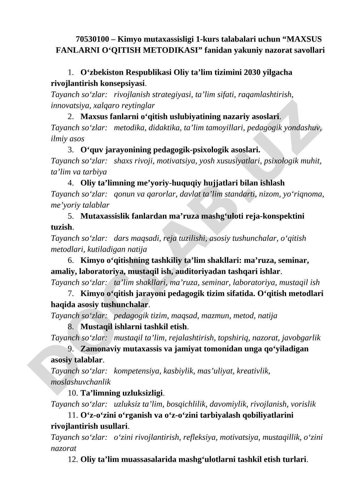 Maxsus fanlarni o‘qitish metodikasi fanidan yakuniy nazorat savollari