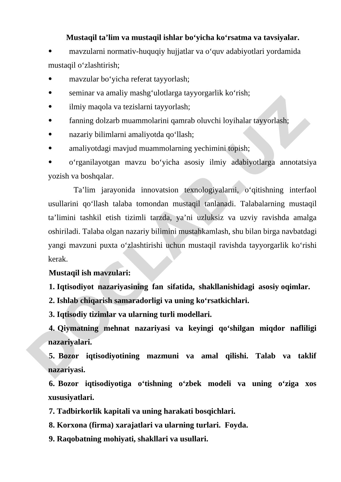 Mustaqil ta'lim va mustaqil ishlar bo'yicha ko'rsatma va tavsiyalar