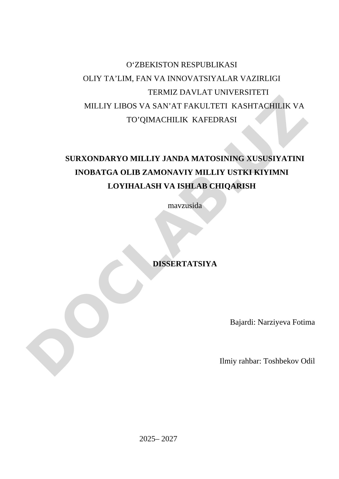 Surxondaryo milliy janda matosining xususiyatlarini inobatga olib, zamonaviy milliy ustki kiyimlar loyihalash va ishlab chiqish