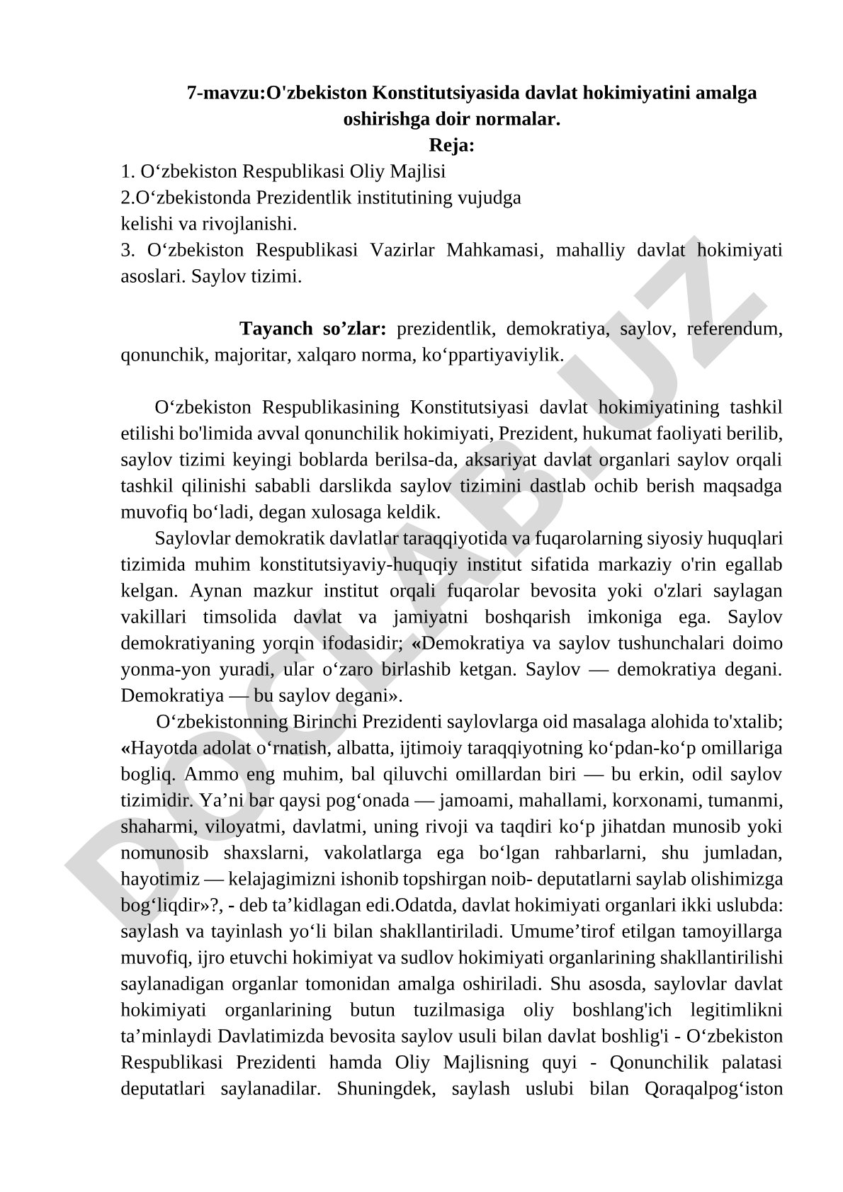 O'zbekiston Konstitutsiyasida davlat hokimiyatini amalga oshirishga doir normalar