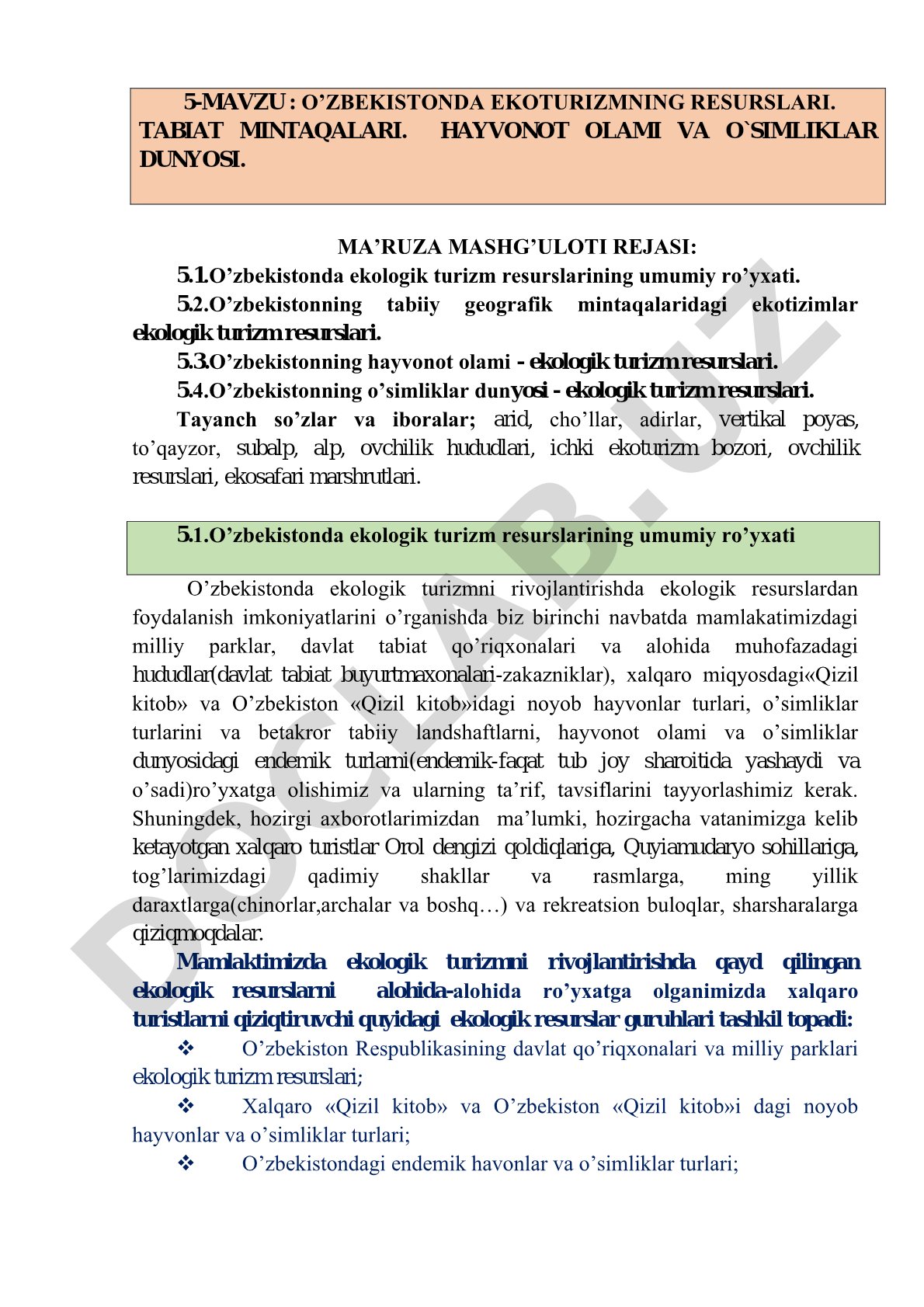 O'zbekistonda ekoturizm resurslari, tabiat mintaqalari, hayvonot olami va o'simliklar dunyosi