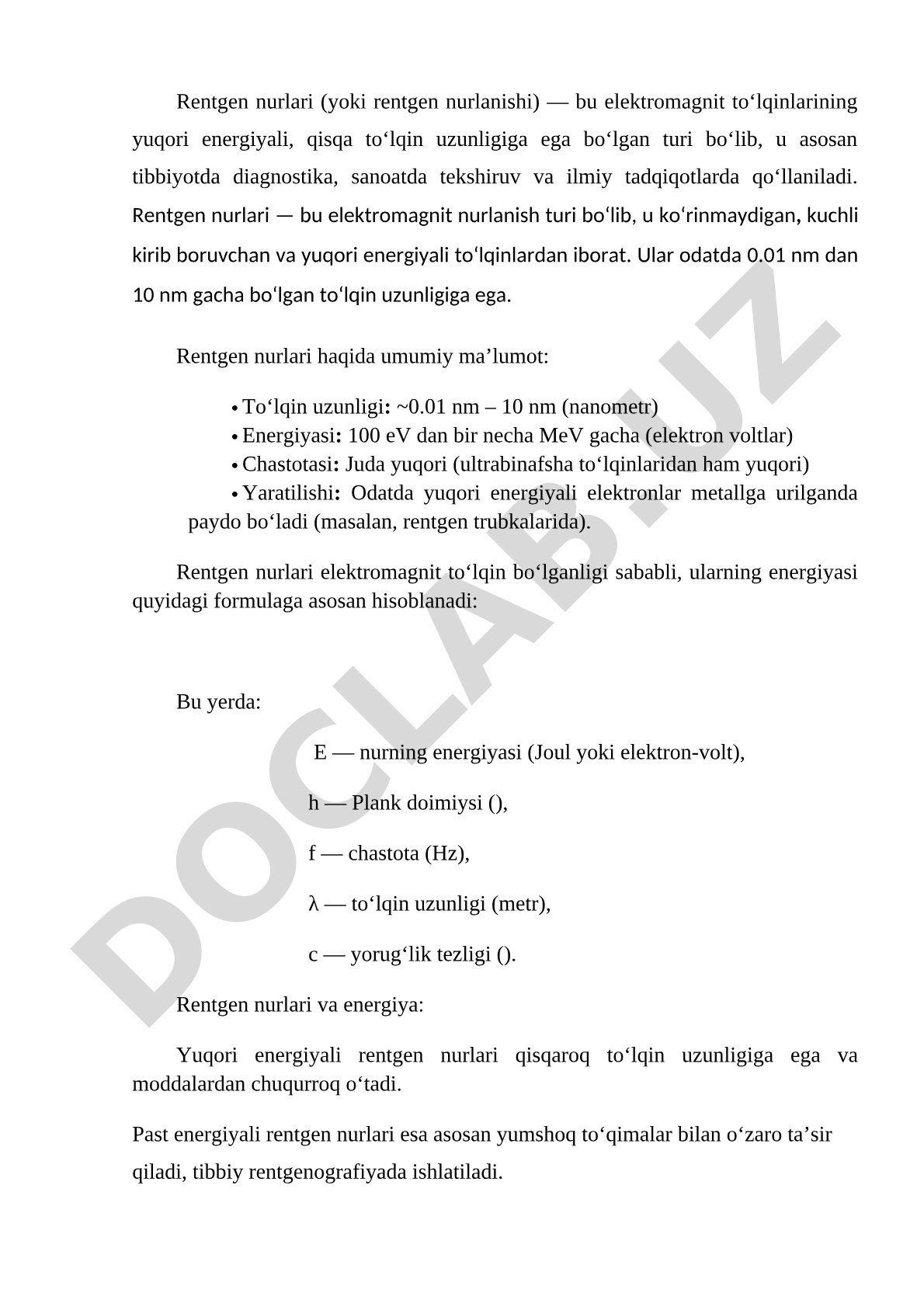 Rentgen nurlari haqida umumiy ma'lumot