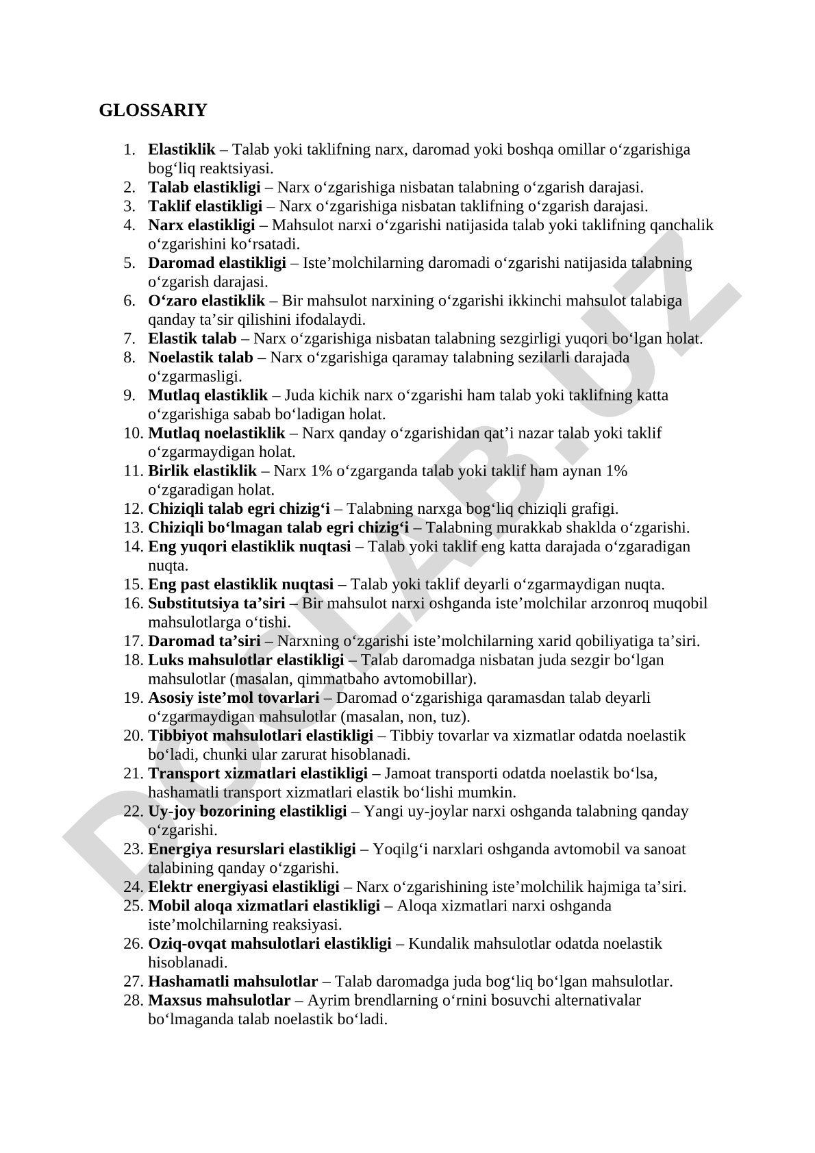 Iqtisodiyotda elastiklik tushunchalari glossariysi
