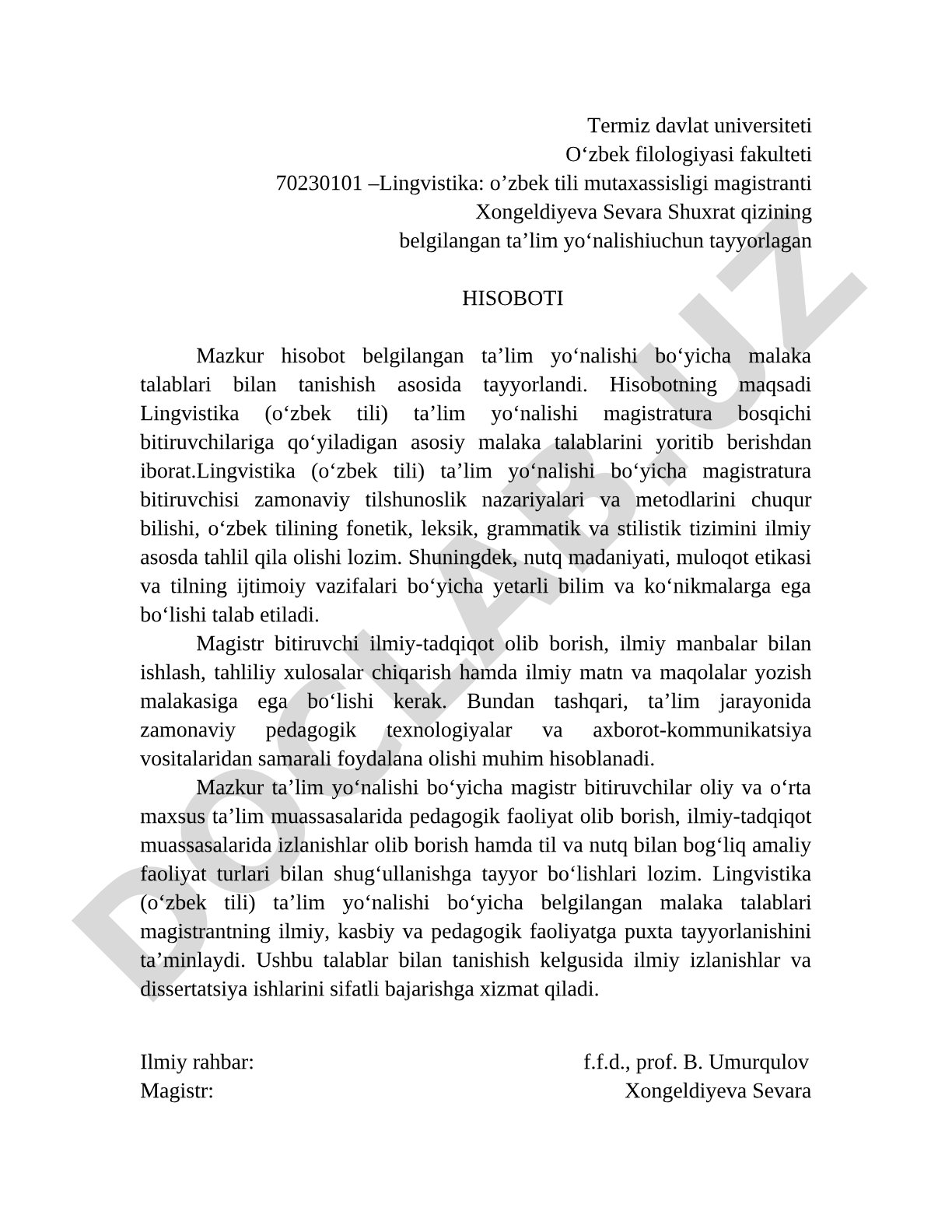 Lingvistika (o‘zbek tili) ta’lim yo‘nalishi bo‘yicha malaka talablari