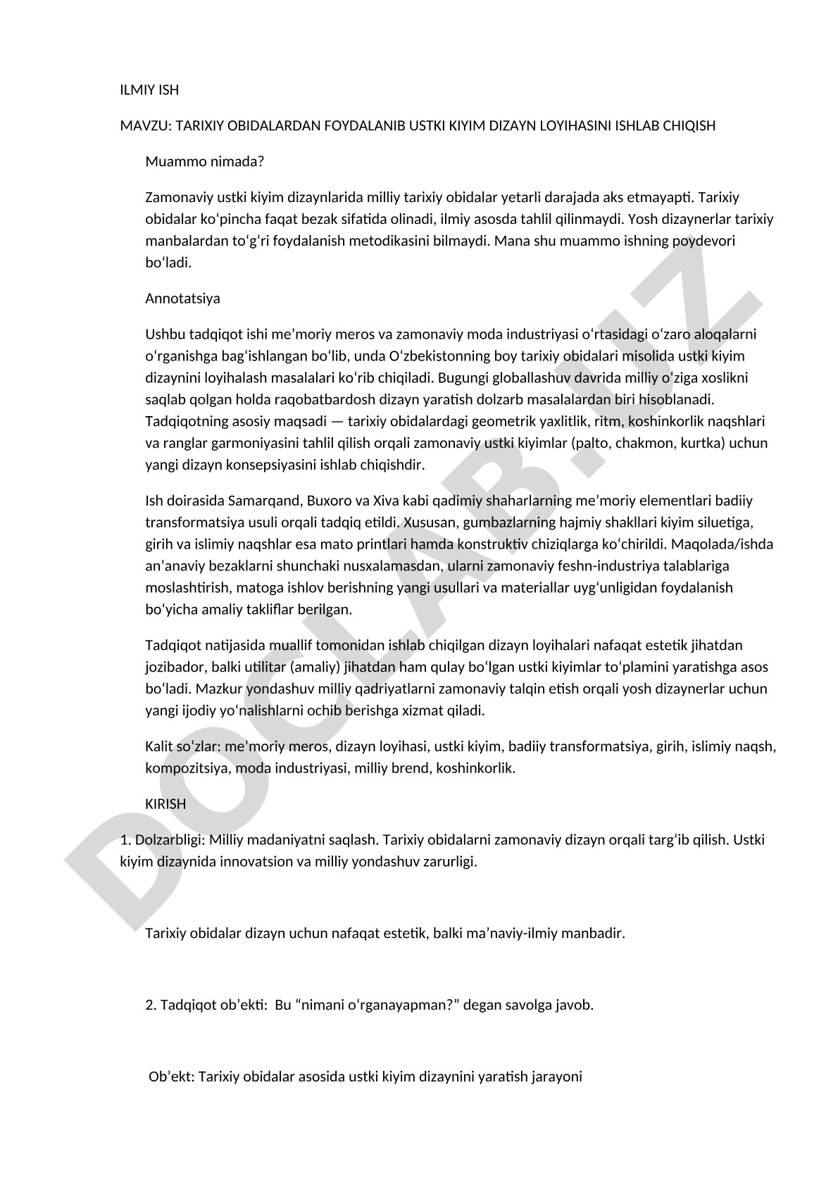 Tarixiy obidalardan foydalanib ustki kiyim dizayn loyihasini ishlab chiqish