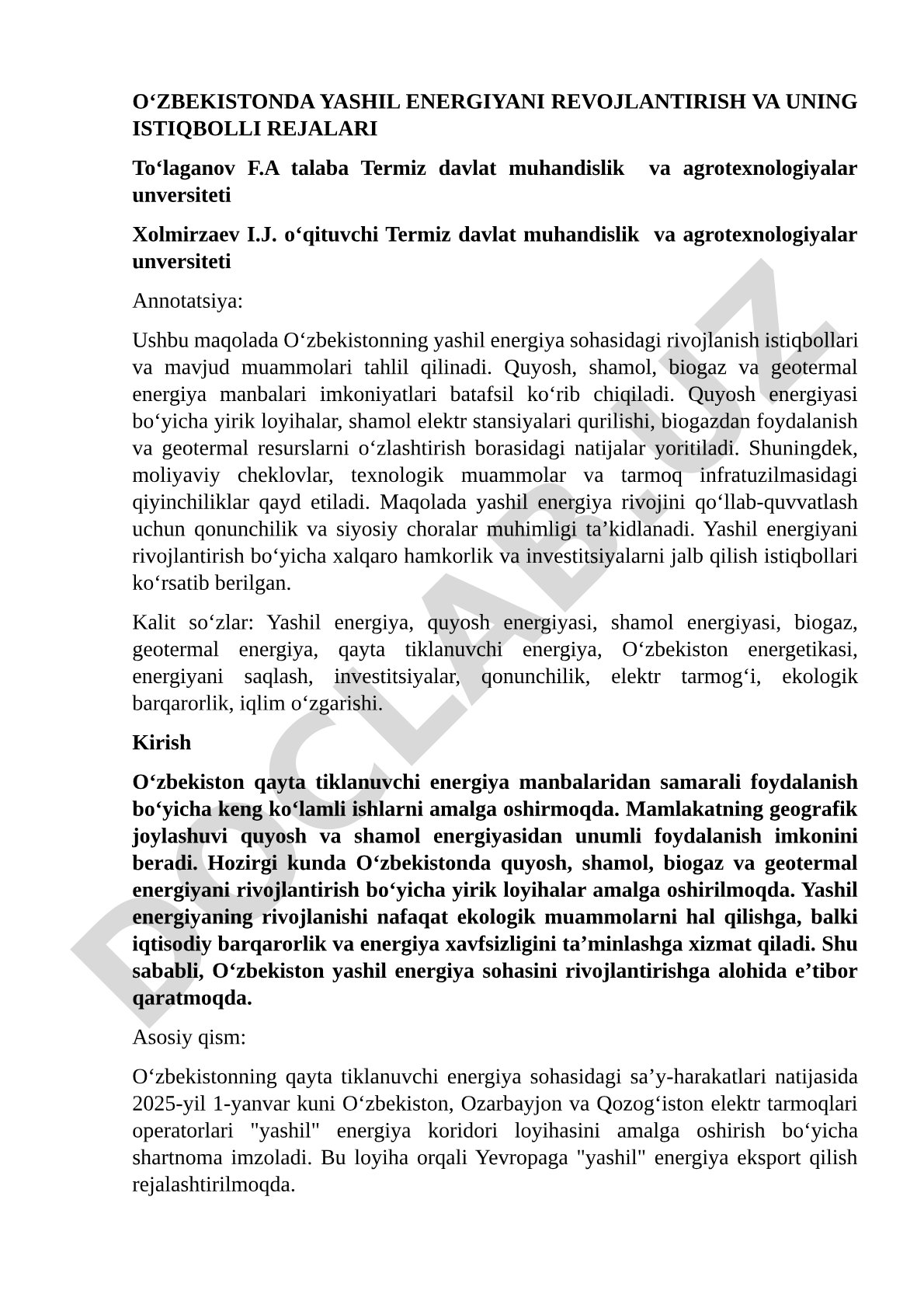 O‘zbekistonda yashil energiyani rivojlantirish va uning istiqbolli rejalari