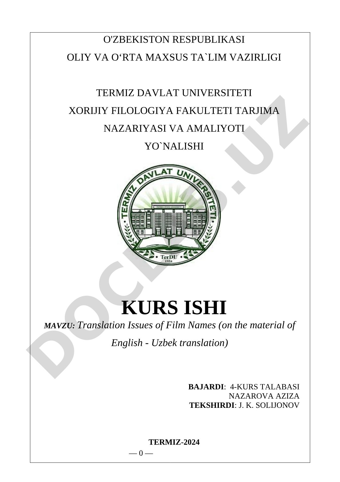 Translation Issues of Film Names (on the material of English - Uzbek translation)