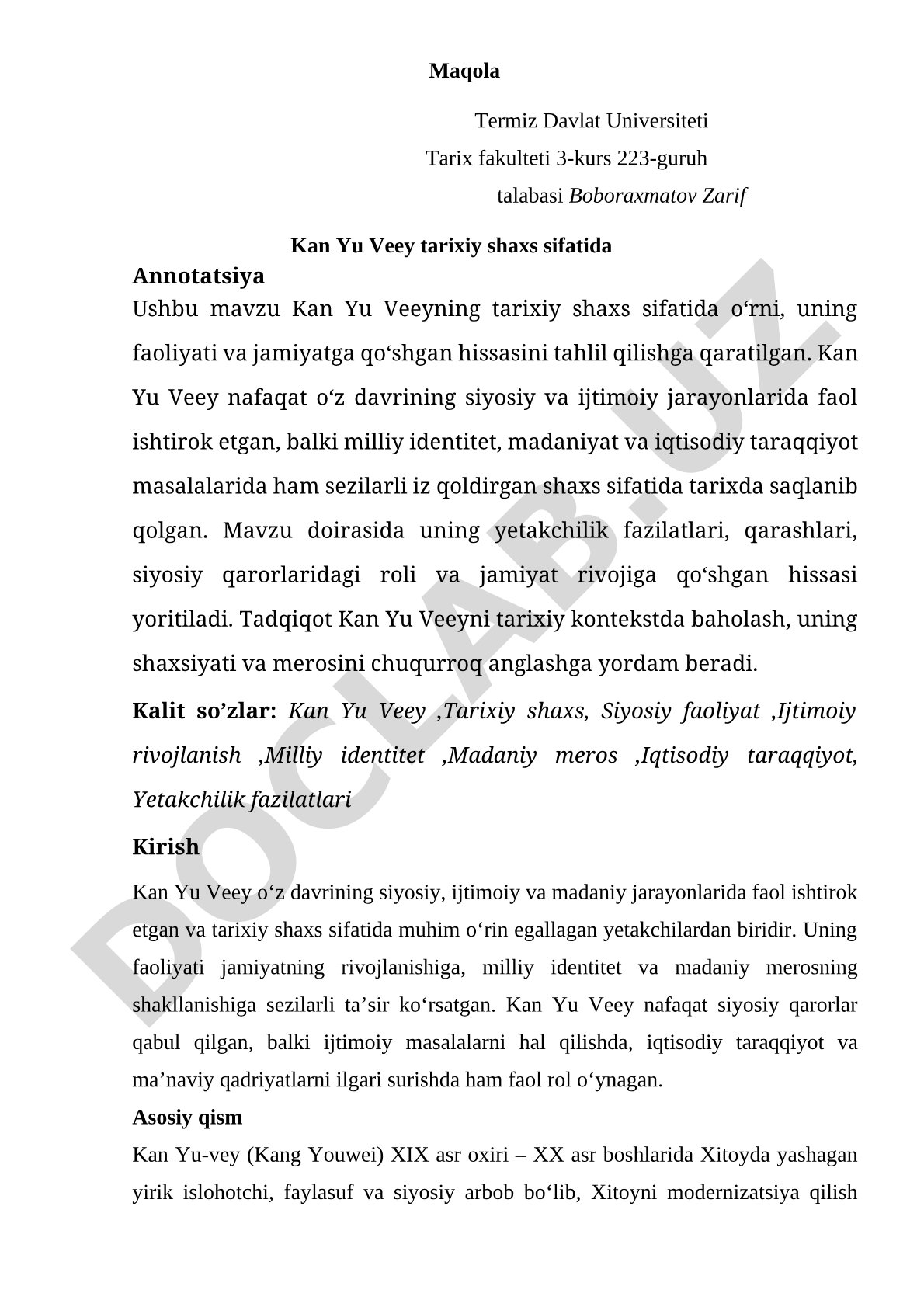 Kan Yu Veey tarixiy shaxs sifatida