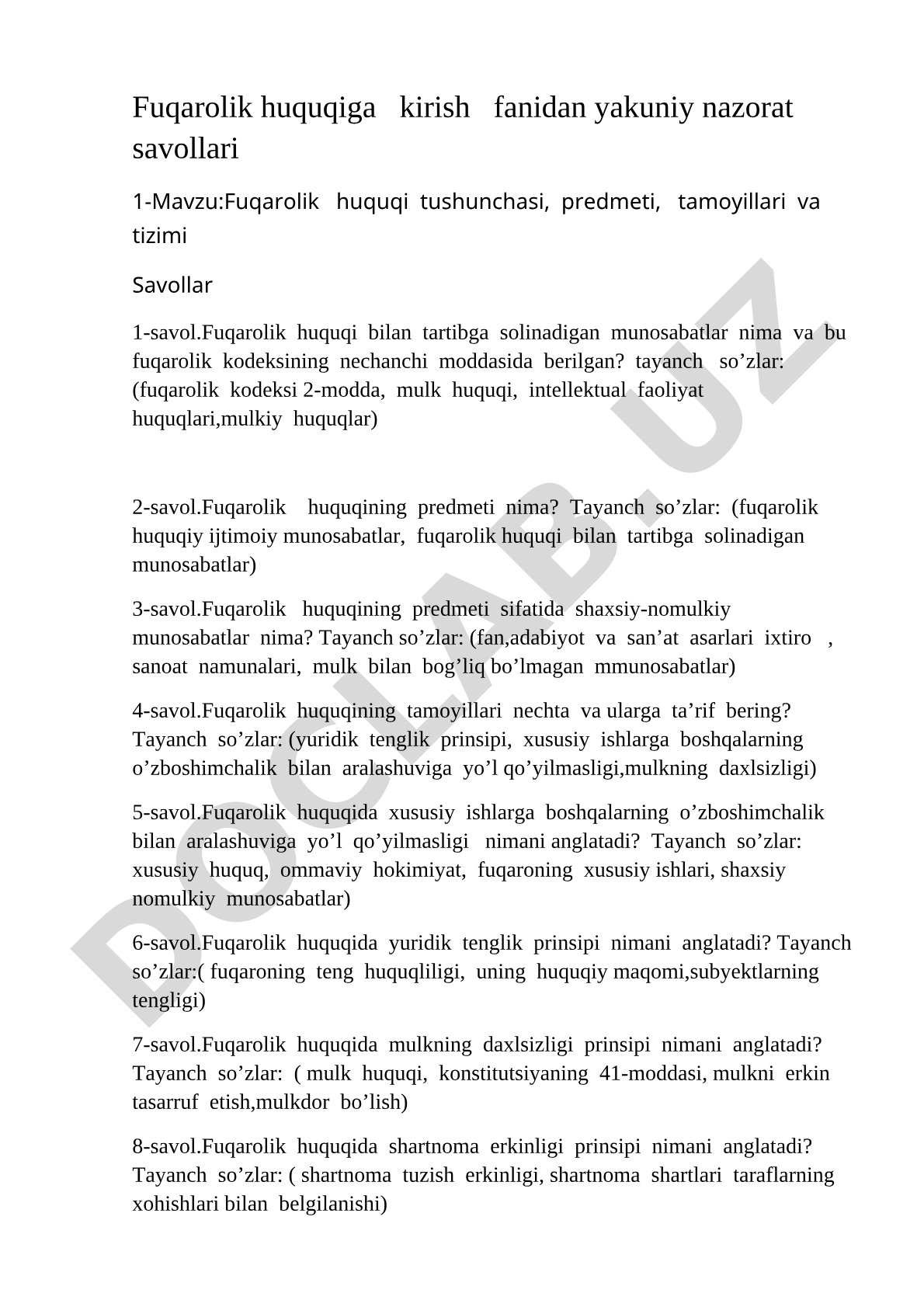 Fuqarolik huquqi tushunchasi, predmeti, tamoyillari va tizimi