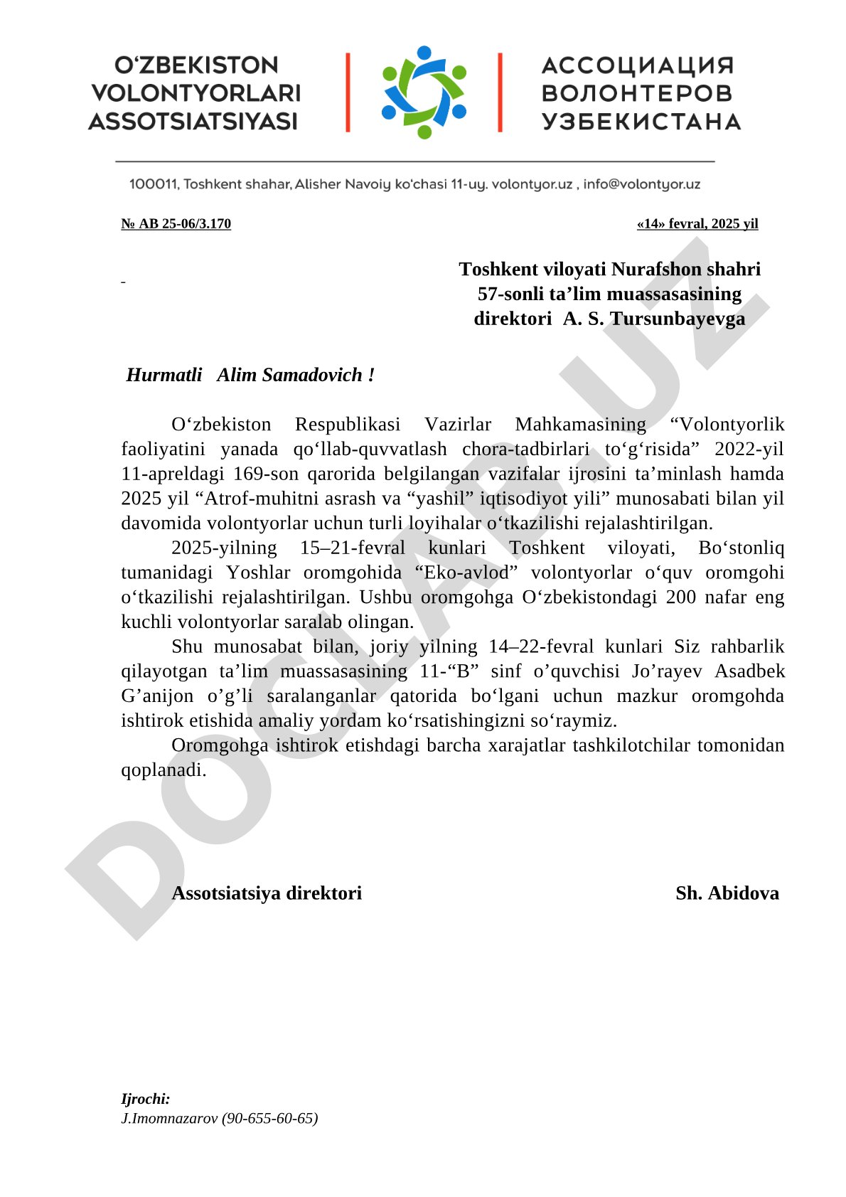 Volontyorlar o'quv oromgohida ishtirok etish to'g'risida