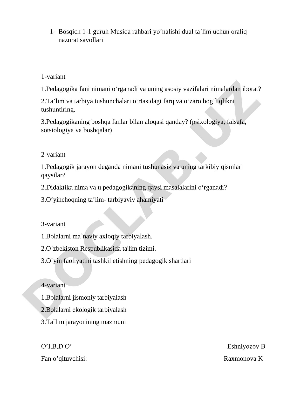 Pedagogika fanidan oraliq nazorat savollari va testlar