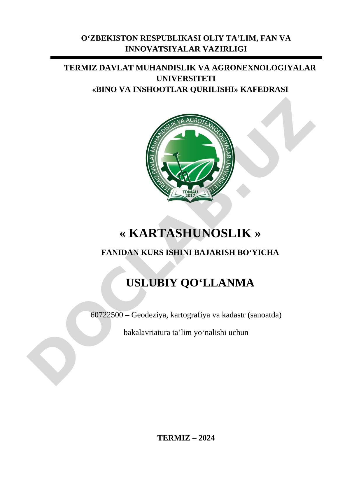Kartashunoslik fanidan kurs ishini bajarish bo'yicha uslubiy qo'llanma