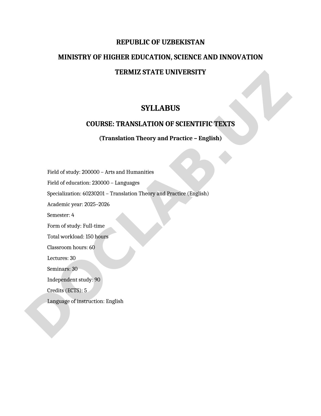 Translation of Scientific Texts Syllabus