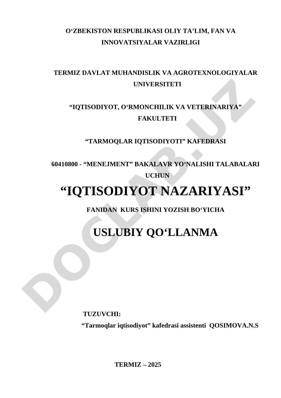 Iqtisodiyot nazariyasi fanidan kurs ishini yozish bo'yicha uslubiy qo'llanma