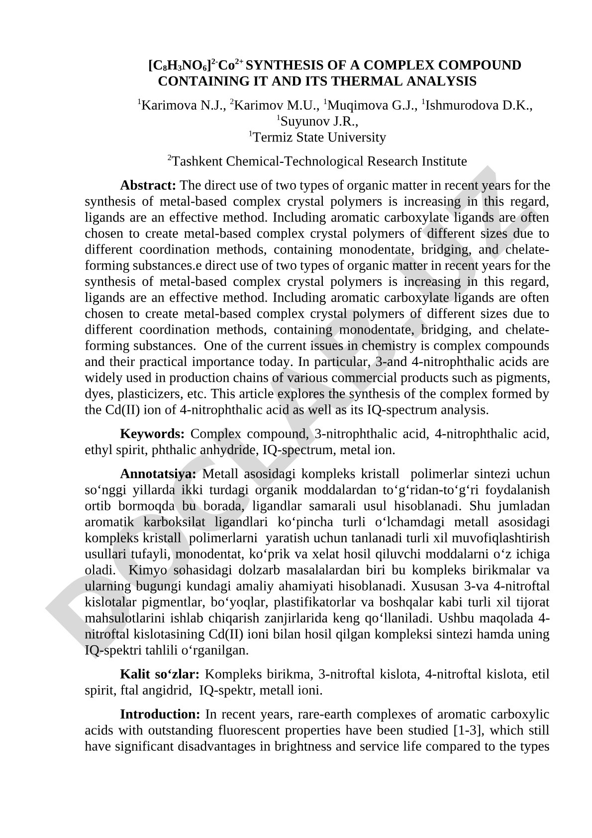 Synthesis of a Complex Compound Containing [C8H3NO6]2-Co2+ and Its Thermal Analysis