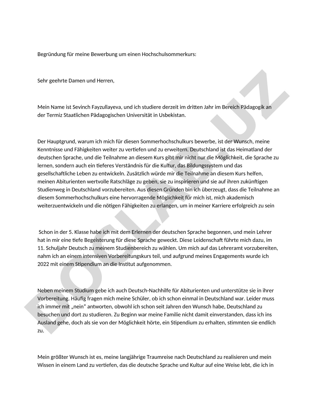 Bewerbung um einen Hochschulsommerkurs