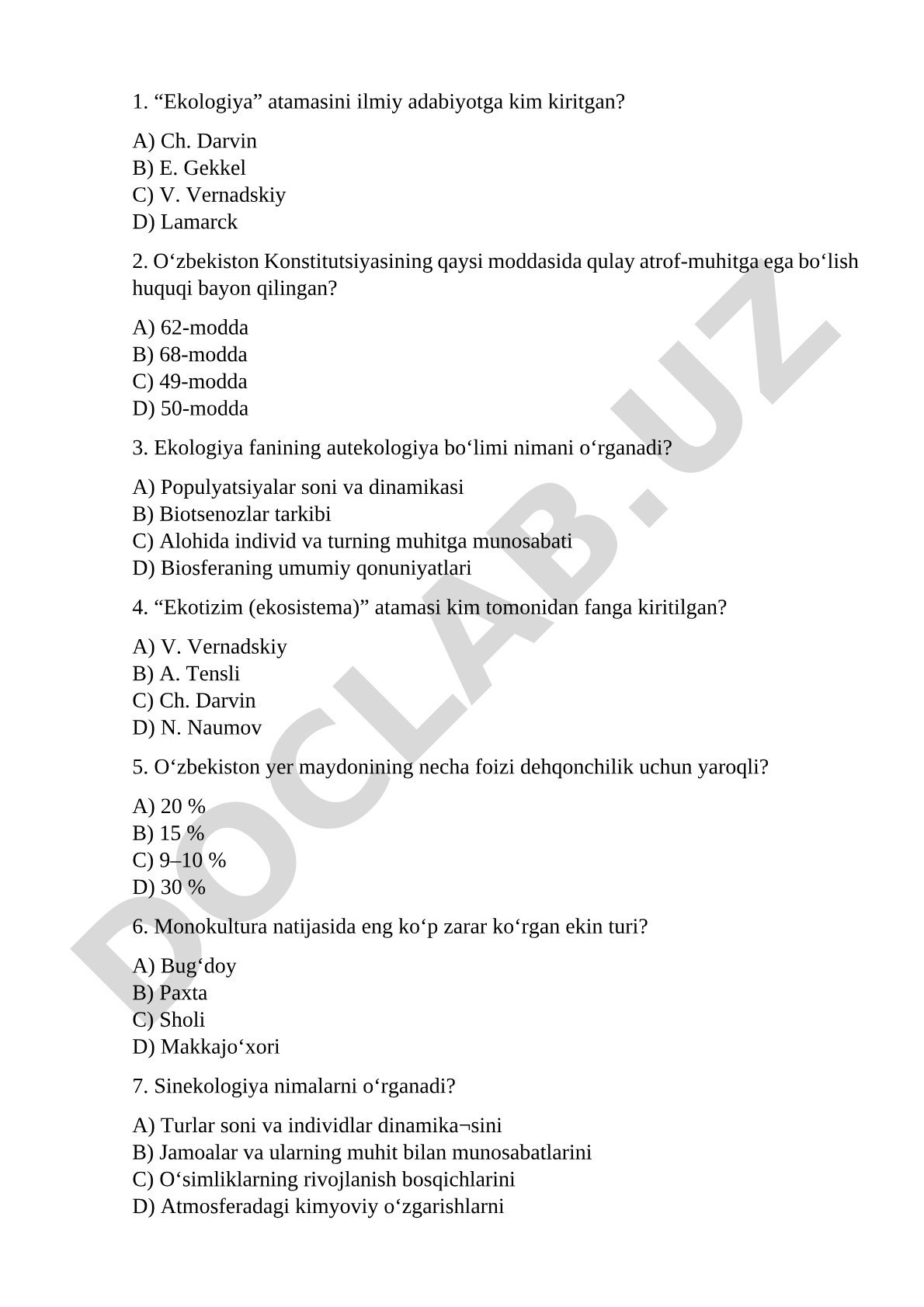 Ekologiya fanidan test savollari