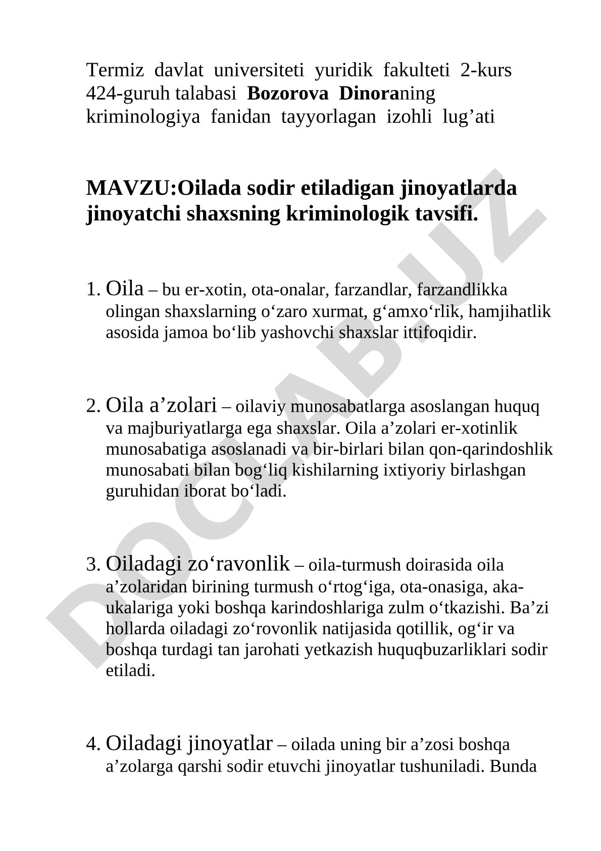 Oilada sodir etiladigan jinoyatlarda jinoyatchi shaxsning kriminologik tavsifi
