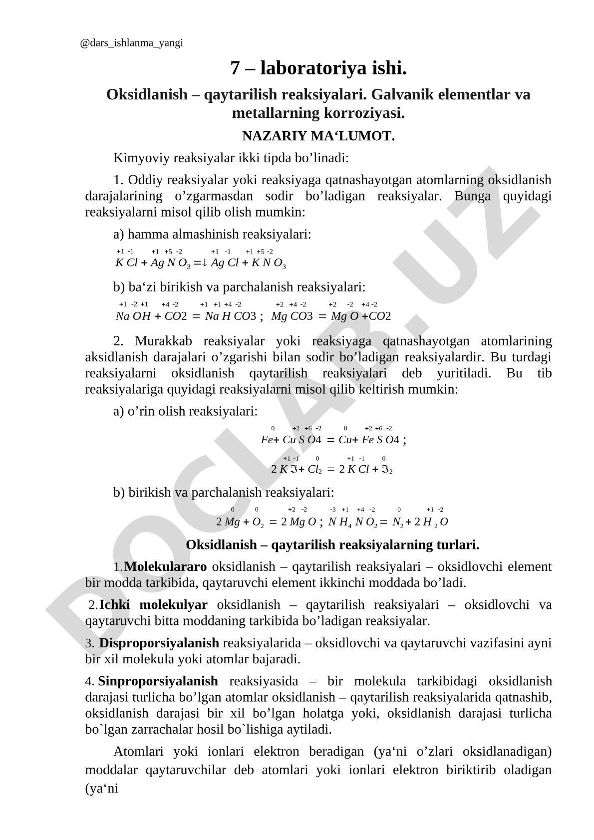 Oksidlanish – qaytarilish reaksiyalari. Galvanik elementlar va metallarning korroziyasi