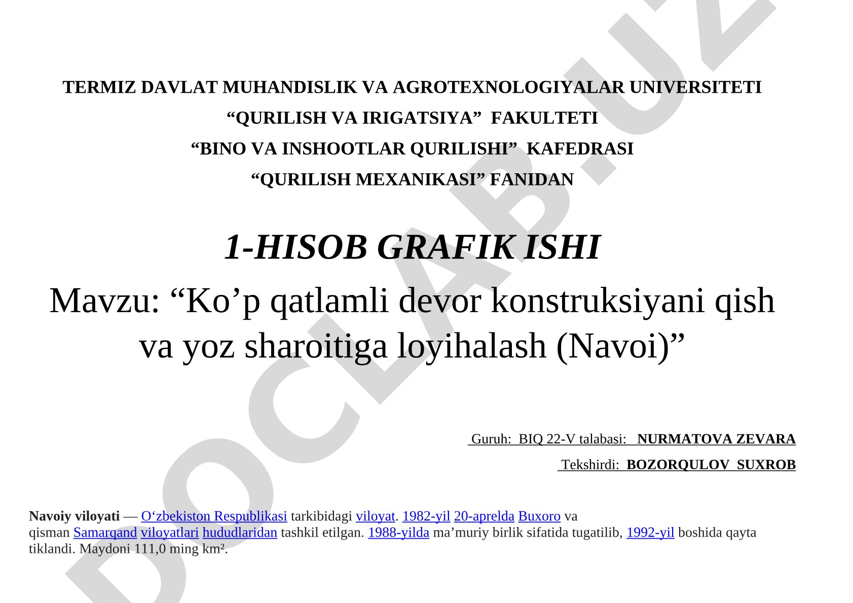 Ko'p qatlamli devor konstruksiyani qish va yoz sharoitiga loyihalash (Navoi)