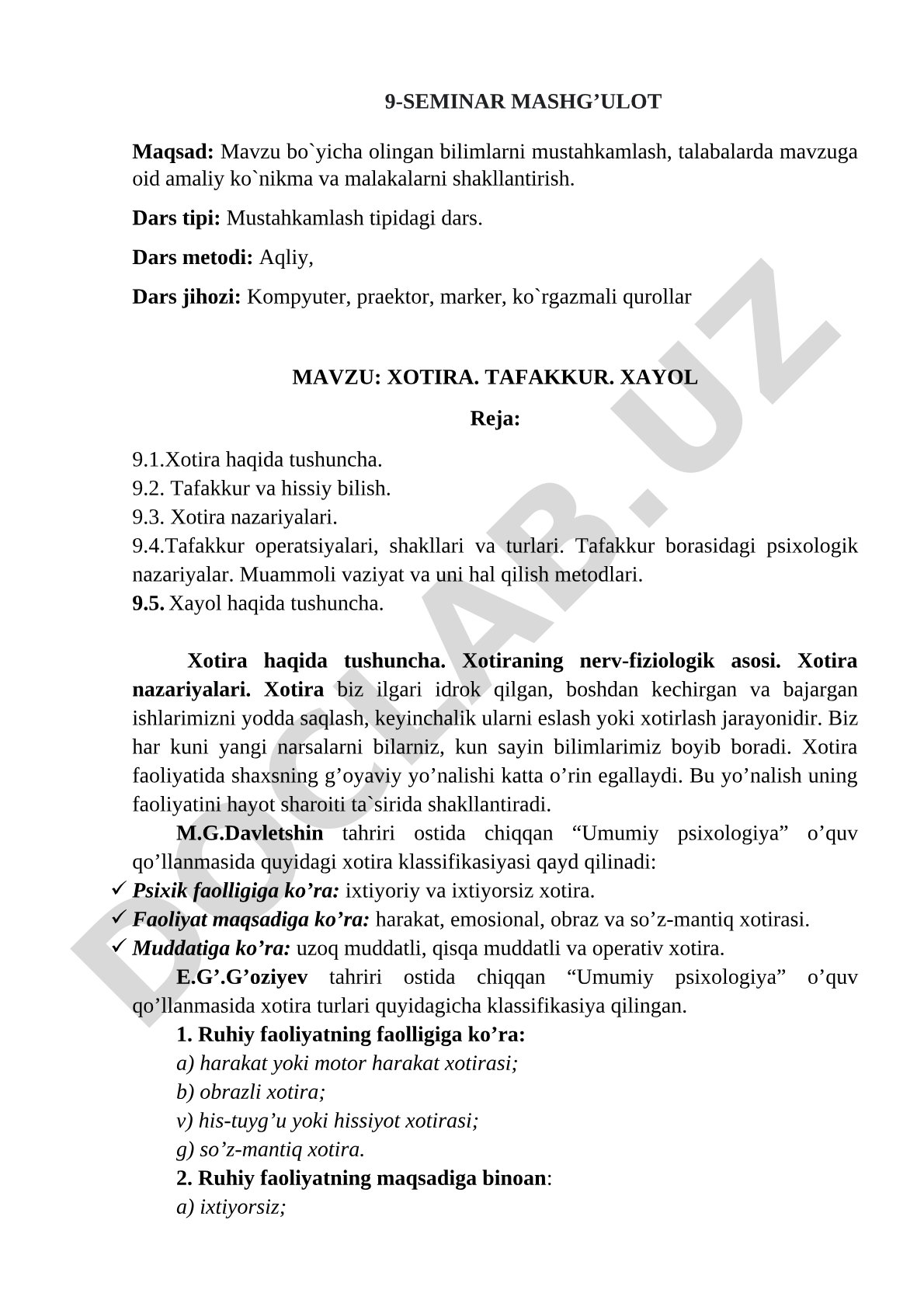 Xotira, tafakkur, xayol
