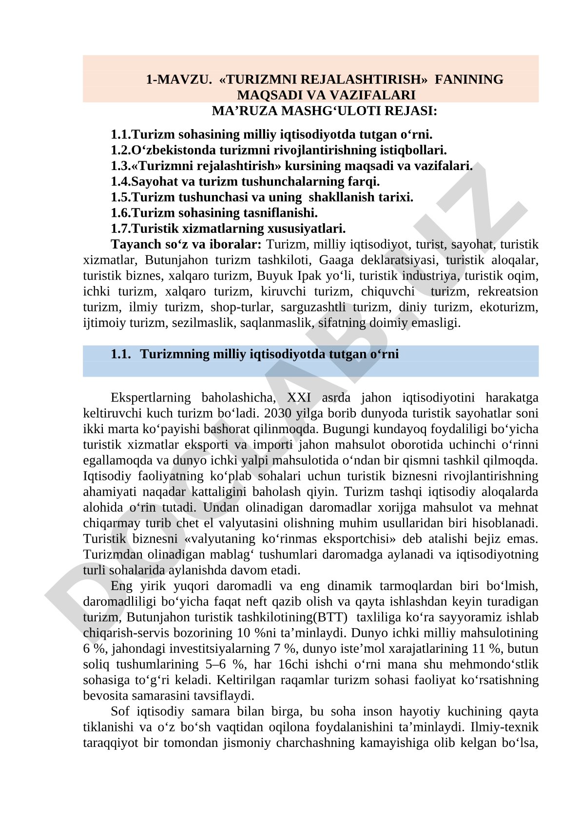 Turizmni rejalashtirish fanining maqsadi va vazifalari