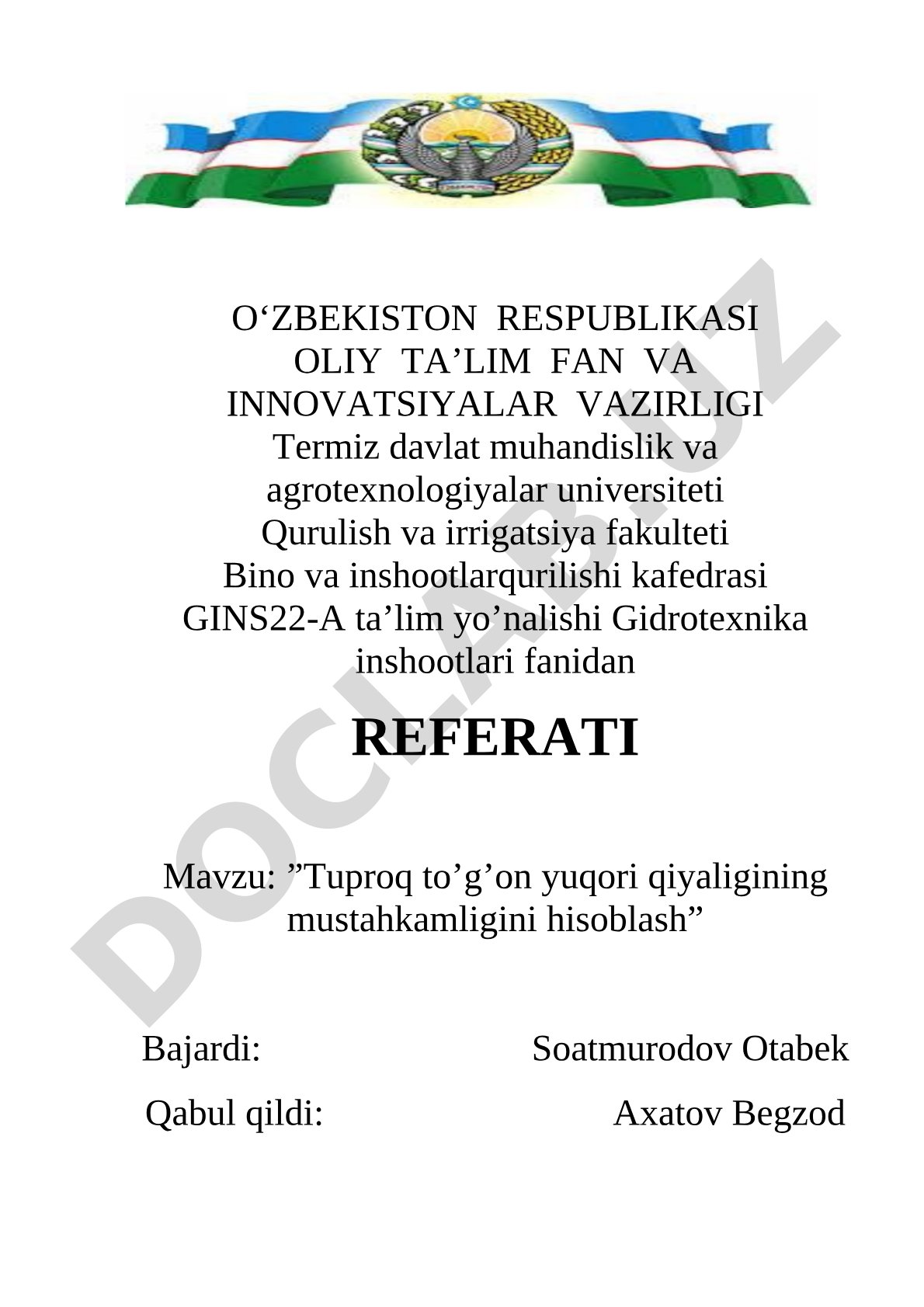 Tuproq to'g'on yuqori qiyaligining mustahkamligini hisoblash