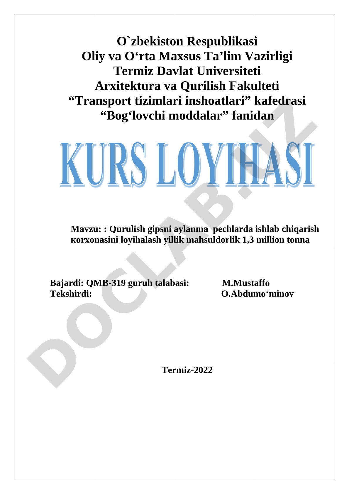 Qurulish gipsni aylanma pechlarda ishlab chiqarish korxonasini loyihalash yillik mahsuldorlik 1,3 million tonna