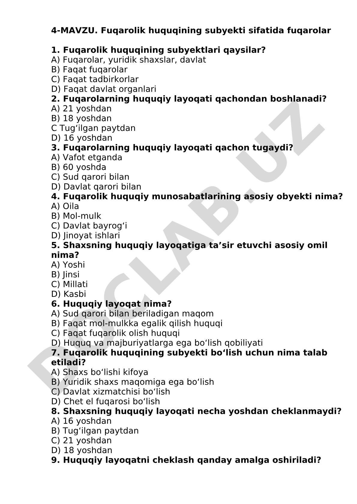 Fuqarolik huquqining subyekti sifatida fuqarolar