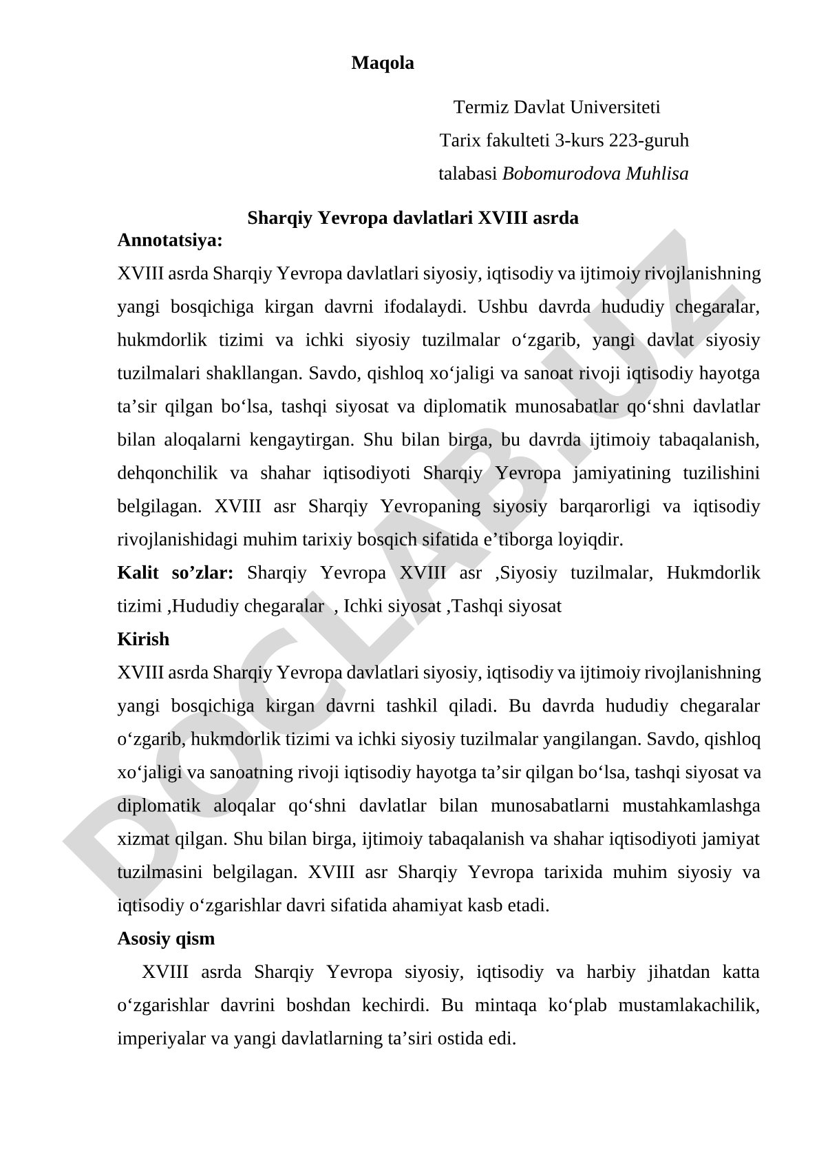 Sharqiy Yevropa davlatlari XVIII asrda