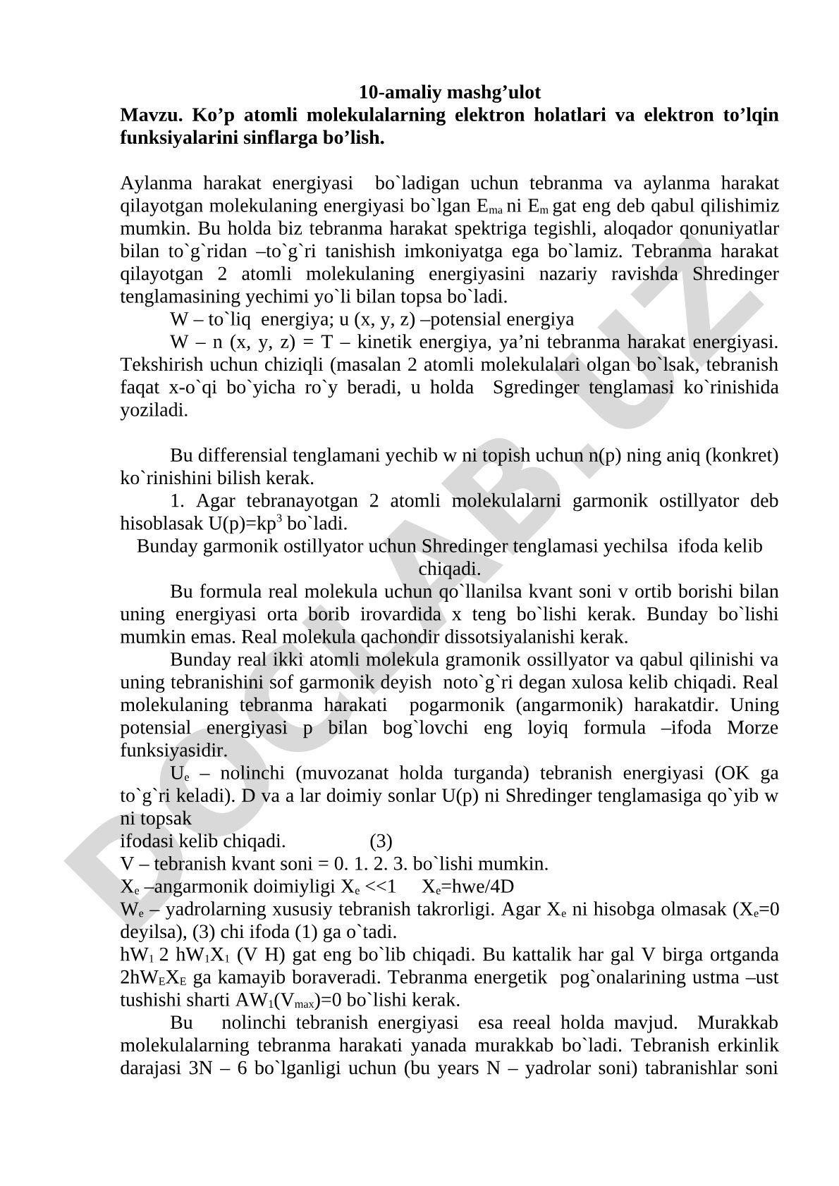 Ko'p atomli molekulalarning elektron holatlari va elektron to'lqin funksiyalarini sinflarga bo'lish