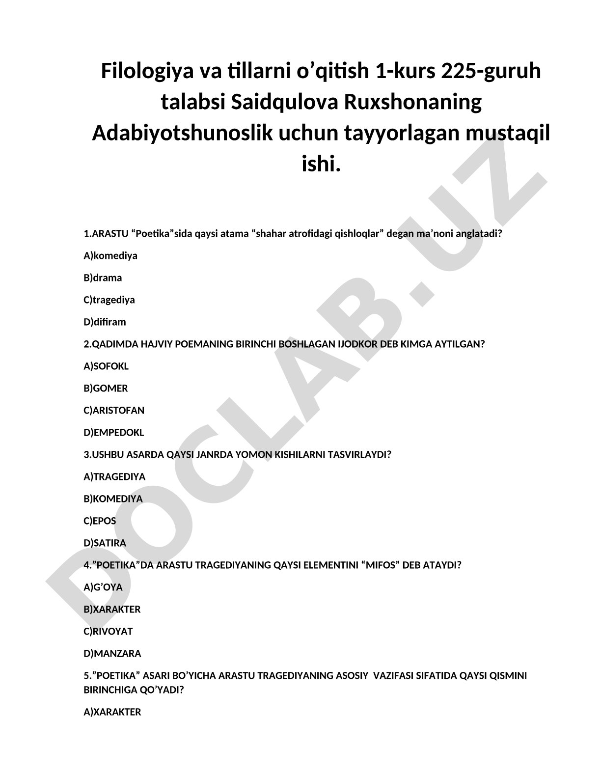 Adabiyotshunoslik fanidan mustaqil ish