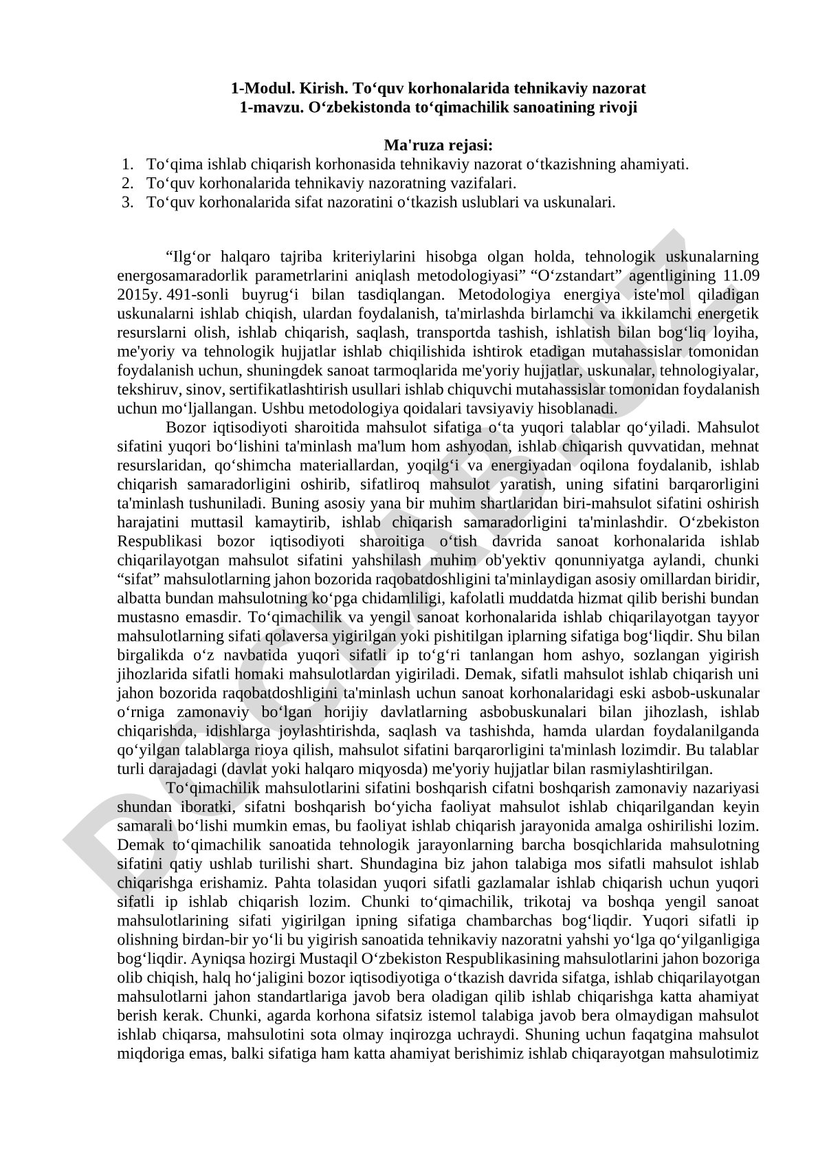 To‘quv korhonalarida tehnikaviy nazorat