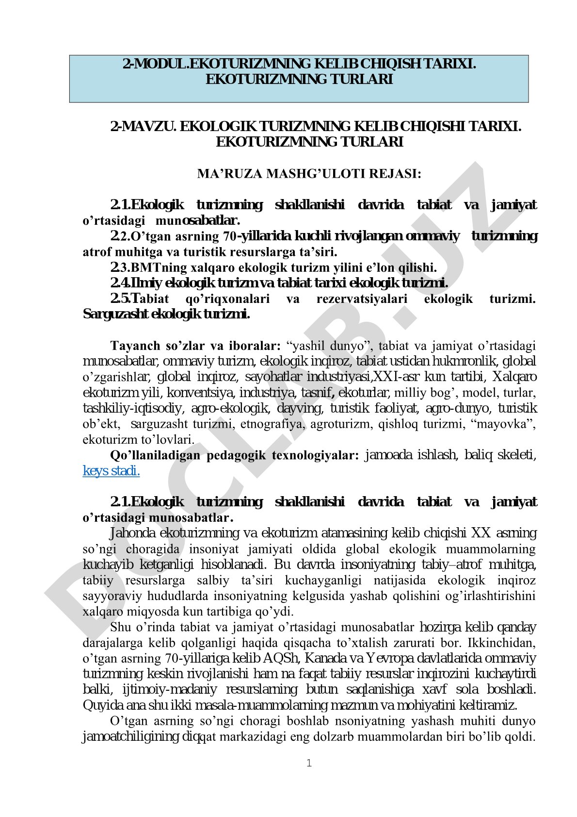 Ekologik turizmning kelib chiqish tarixi va turlari