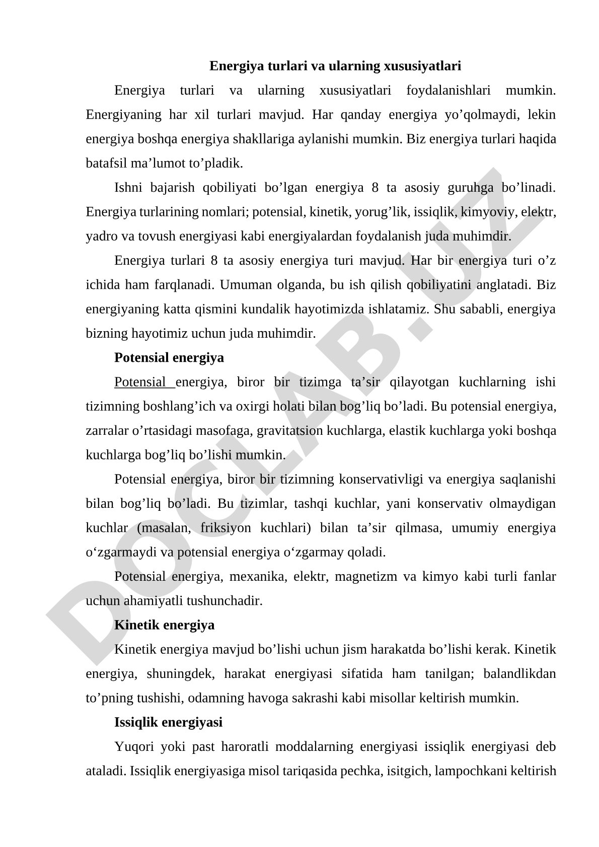 Energiya turlari va ularning xususiyatlari