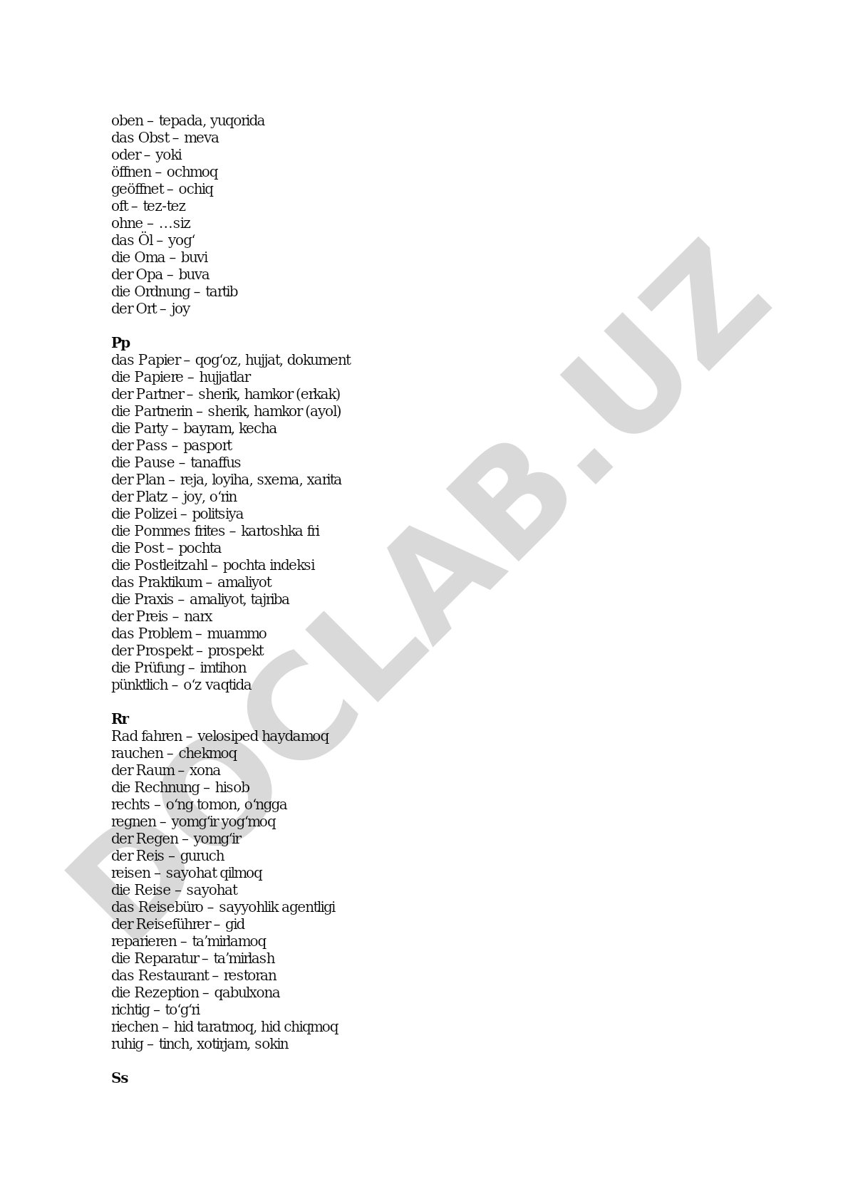 Nemis tili lug'at so'zlari (Oben - Ruhig)