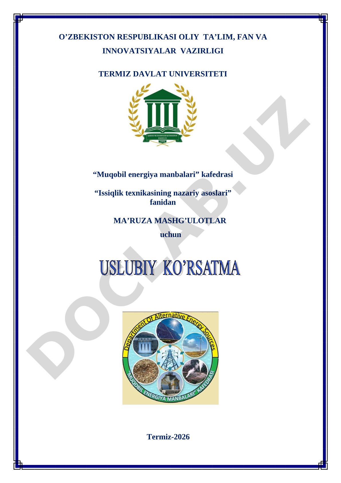 Issiqlik texnikasining nazariy asoslari fanidan ma'ruza mashg'ulotlari