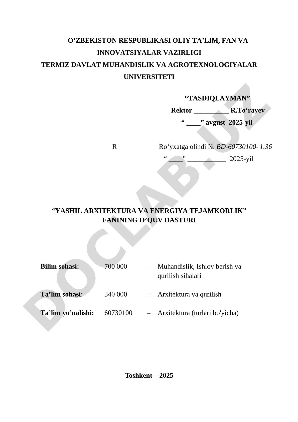 Yashil arxitektura va energiya tejamkorlik fanining o'quv dasturi